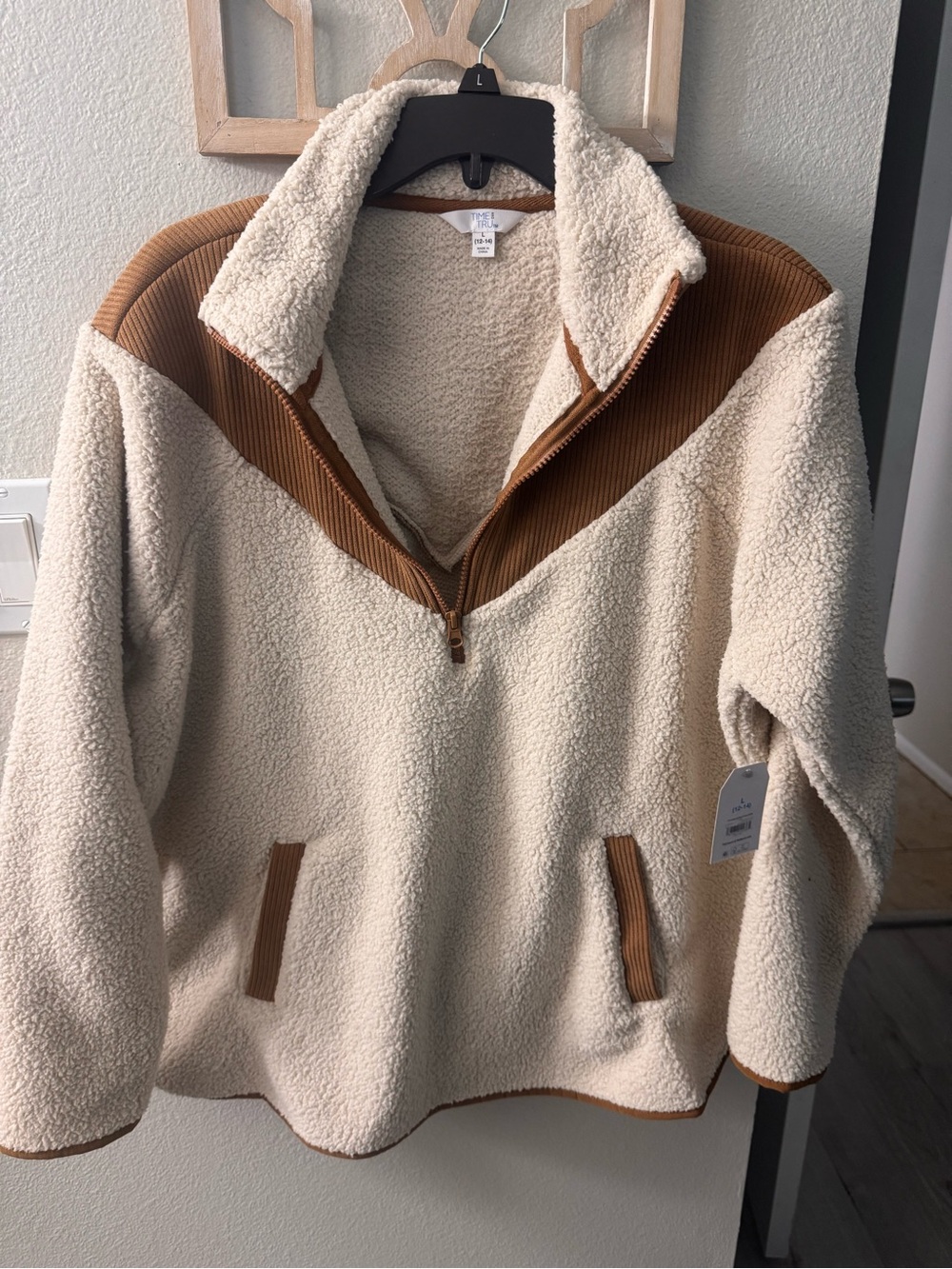 Time and Tru Cream Sherpa Jacket with Tan Accents